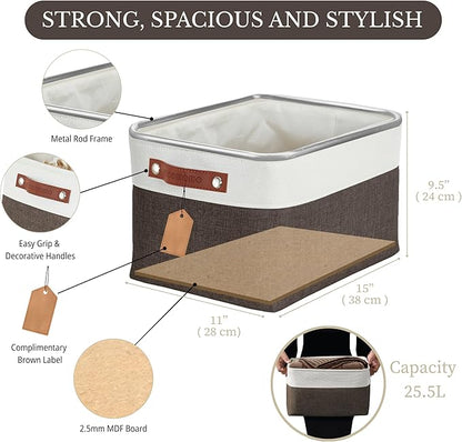 DECOMOMO Storage Bins, Large Fabric Storage Baskets for Shelves, Decorative Linen Closet Organizer, 15 x 11 x 9.5 inches (Brown & White, 4 Pack)