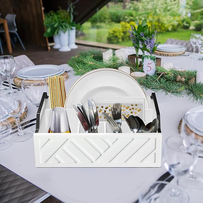 Ukonvi Paper Plate Dispenser and Holder for Kitchen Counter, Wood Rustic Silverware Utensil Caddy, Cutlery Flatware Organizer Box for Cups Spoons Forks Napkins, Kitchen Accessories