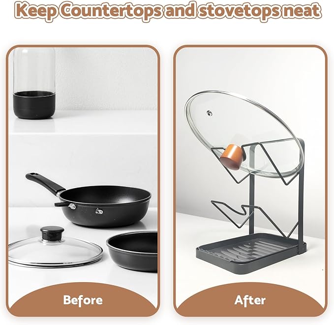 Kitchen Pot Lid Storage Rack, Double-Layer Pot Lid Organizer with Removable Drip Tray,Pot Lid Holder While Cooking,Lid And Spoon Rest, Multifunctional Kitchen Organizer Stand for Stove Top