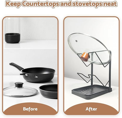 Kitchen Pot Lid Storage Rack, Double-Layer Pot Lid Organizer with Removable Drip Tray,Pot Lid Holder While Cooking,Lid And Spoon Rest, Multifunctional Kitchen Organizer Stand for Stove Top