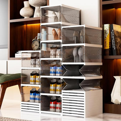 YIIHAA 6 Tier Shoe Rack Shoe Storage Box Size up to 14, No Assembly Stackable with Clear Door, Free Standing Shoe Shelf Cabinet with Lid, Plastic Shoe Rack (Transparent)