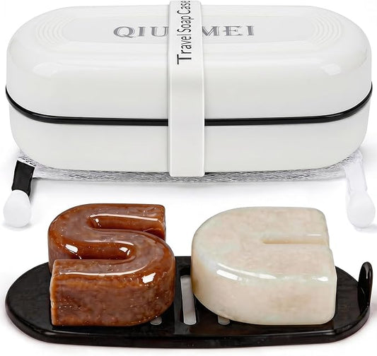 Shampoo Bar Holder Travel Case | Leakproof Soap Container with Lid & Drain Tray | Includes Silicone Strap and Soap Bag | Compatible with Kitsch Solid Shampoo and Conditioner Bars (White, Large)