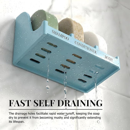 Soap Holder for Shower Wall, 3-Compartment Soap Dish for Shampoo, Conditioner and Body Soap, Fast Draining & Rust-Proof & Heavy Duty, Ultra-Strong Self Adhesive & Freestanding (Light Blue, Label)