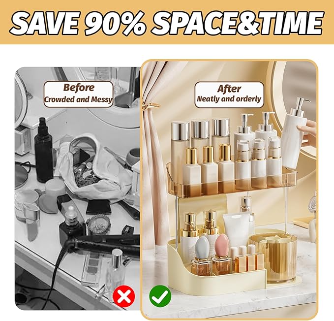 DASITON Large Capacity Makeup Organizer with 360° Rotating Makeup Brush Holder, Perfume and Skincare Storage Organizers for Vanity Bathroom Countertop, Cosmetic Display Case (Cream, 2 Tier)