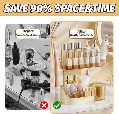 DASITON Large Capacity Makeup Organizer with 360° Rotating Makeup Brush Holder, Perfume and Skincare Storage Organizers for Vanity Bathroom Countertop, Cosmetic Display Case (Cream, 2 Tier)