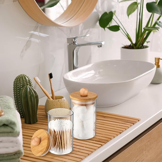 6 Pack Glass Apothecary Jars with Lids Bamboo Bathroom Accessories Cotton Balls Pads Swabs Holder Jar Bathroom Canisters for Vanity Accessories Storage