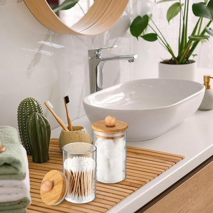 6 Pack Glass Apothecary Jars with Lids Bamboo Bathroom Accessories Cotton Balls Pads Swabs Holder Jar Bathroom Canisters for Vanity Accessories Storage