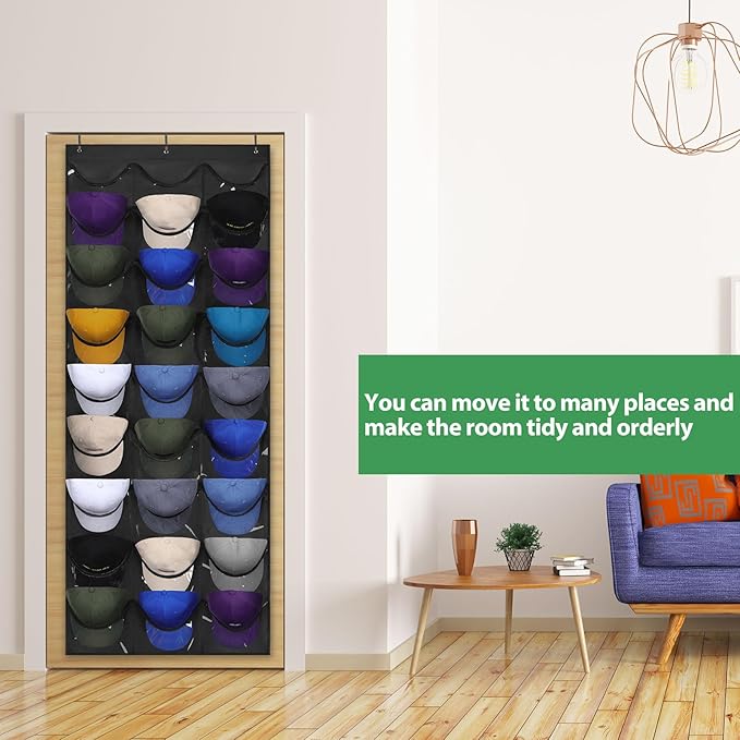 Dofilachy Hat Rack - Hat Organizer - Hat Racks for Baseball Caps, Visible Hat Holder - Baseball Rack for Wall Door with 3 Hooks, 27 Deep Pockets