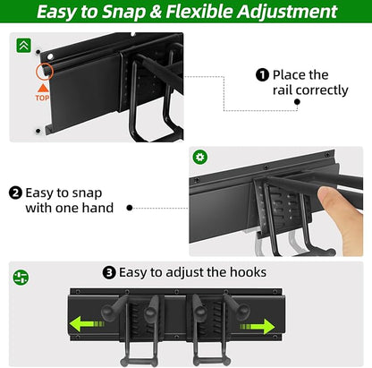 PIYILO Garage Wall Organizer, 96 in Garden Tool Organizer with 12 Adjustable Garage Hooks and 3 Storage Straps, Heavy Duty Tool Holder Wall Mount for Garden & Shed Tools