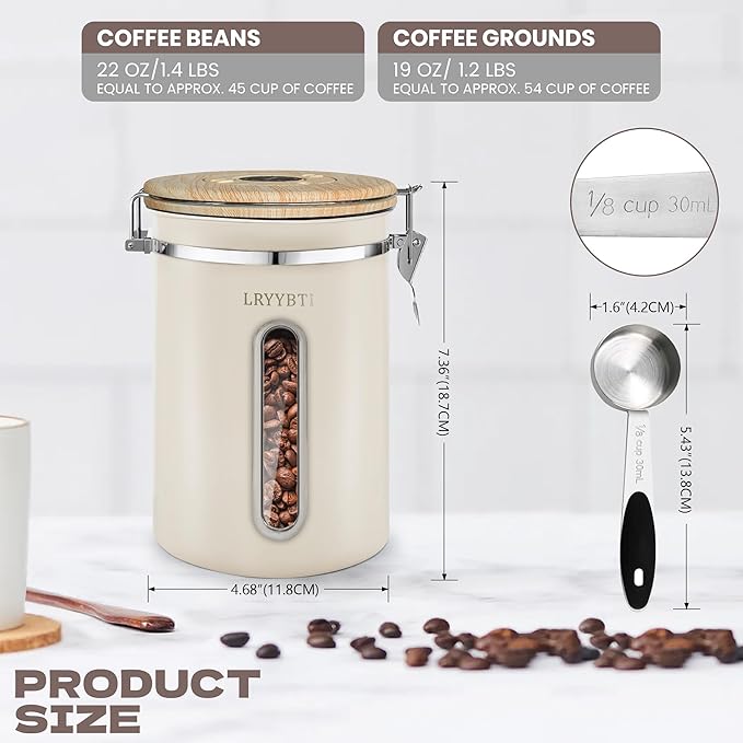 Coffee Canisters with Window,Scoop and Airtight Lid Stainless Steel Kitchen Bean Storage Grounds Container Date Tracker and Scoop for Grounds Coffee Bar Accessories (Cream+window, 22 oz)