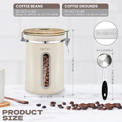 Coffee Canisters with Window,Scoop and Airtight Lid Stainless Steel Kitchen Bean Storage Grounds Container Date Tracker and Scoop for Grounds Coffee Bar Accessories (Cream+window, 22 oz)
