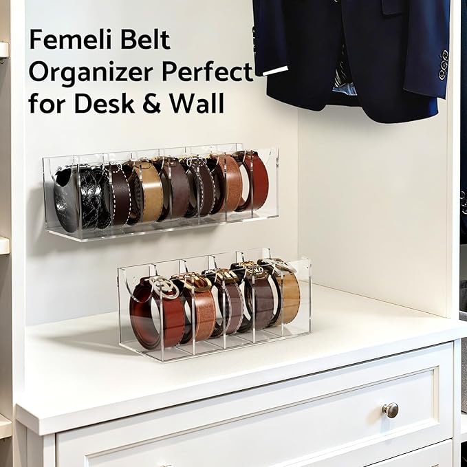 FEMELI Belt Organizer, Acrylic 5 Compartments Container Storage Holder, Clear Display Case for Closet Tie and Bow Tie
