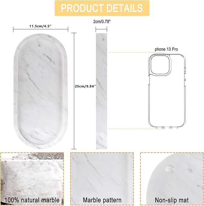 Natural Marble Vanity Tray Italy Oval Stone Trays for Candles Perfume, Decorative Jewelry Dish for Small Items, Countertop Storage Organizer for Home Bathroom Kitchen Matte Surface White (BH101)