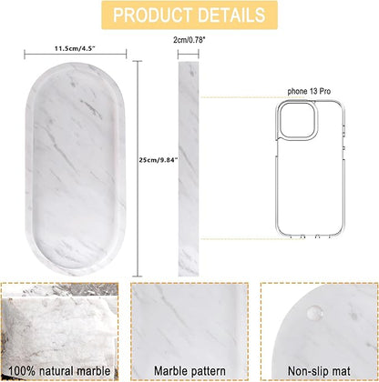 Natural Marble Vanity Tray Italy Oval Stone Trays for Candles Perfume, Decorative Jewelry Dish for Small Items, Countertop Storage Organizer for Home Bathroom Kitchen Matte Surface White (BH101)