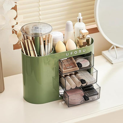 UFORU Makeup Organizer with Pop-Up Brush Holder for Dresser Vanity, Plastic Bathroom Counter Organizer with 3 Drawers & Dust-Proof Cover, Cosmetic Display Case for Lipstick, Skincare, Vintage Green