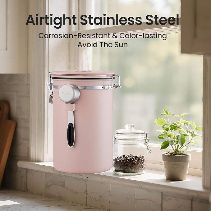 Veken Coffee Canister, 39OZ Large, Airtight Stainless Steel Food Storage Container for 2.2lbs Coffee Beans, Ground, Sugar, Tea, Cookie,Flour, Kitchen Bar Accessories with Date Tracker & Scoop, Pink