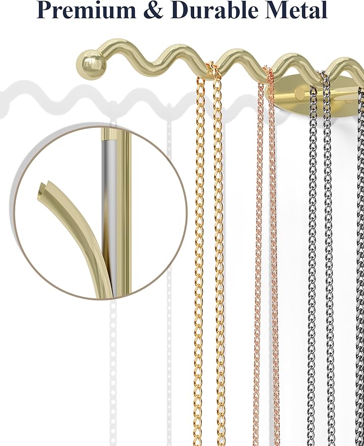 NiHome Wall Mounted Metal Jewelry Organizer Racks for Necklaces, Earrings, Bracelets, Rings, Decorative Display Wave Design Storage Holders for Bedroom, Bathroom, Kitchen, Entryway (4-Pack, Gold)