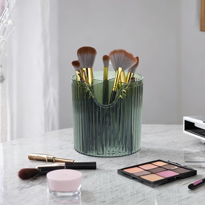 VOCOSTE Makeup Brush Cup, Makeup Organizer, 4 Slot Makeup Brush Holder, Cosmetics Storage Cup, for Vanity for Desktop, for Bathroom Countertops, Clear Green