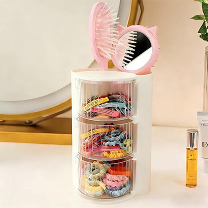 Hair Accessories Organizer with Hair Brush Holder, Rotatable Makeup Brush Holder for Necklaces, Earring, Bracelet, Ring, Makeup Brushes, Hair Clip and Hair Accessories (3-layer -White)