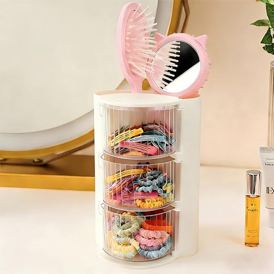 Hair Accessories Organizer with Hair Brush Holder, Rotatable Makeup Brush Holder for Necklaces, Earring, Bracelet, Ring, Makeup Brushes, Hair Clip and Hair Accessories (3-layer -White)