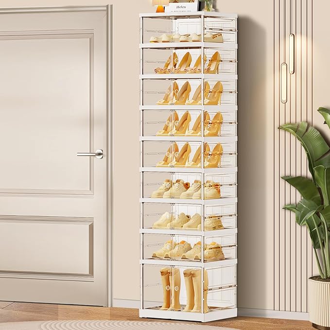 CIMLORD 9 Tier Foldable Shoe Rack for Closet Entryway 9-18 Pairs Stackable Clear Shoe Storage Boxes with Lids Tall Shoes Shelf with Door Plastic Organizer Cabinet Easy Assembly