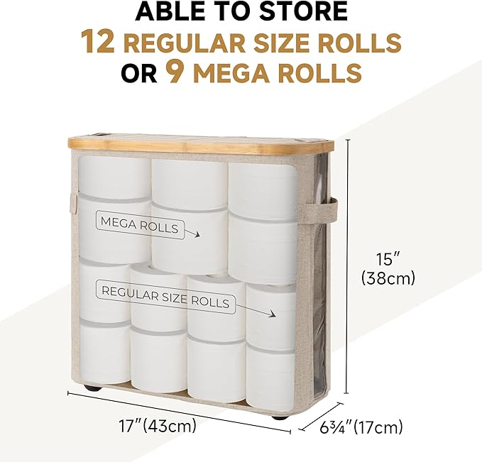 StorageWorks Toilet Paper Storage Baskets with Dual Flip Lids, Toilet Paper Organizer for Bathroom, Toilet Paper Container with Side Pocket, Holds 9 Mega or 12 Regular Rolls, Medium, Light Khaki