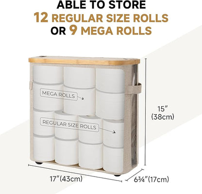 StorageWorks Toilet Paper Storage Baskets with Dual Flip Lids, Toilet Paper Organizer for Bathroom, Toilet Paper Container with Side Pocket, Holds 9 Mega or 12 Regular Rolls, Medium, Light Khaki