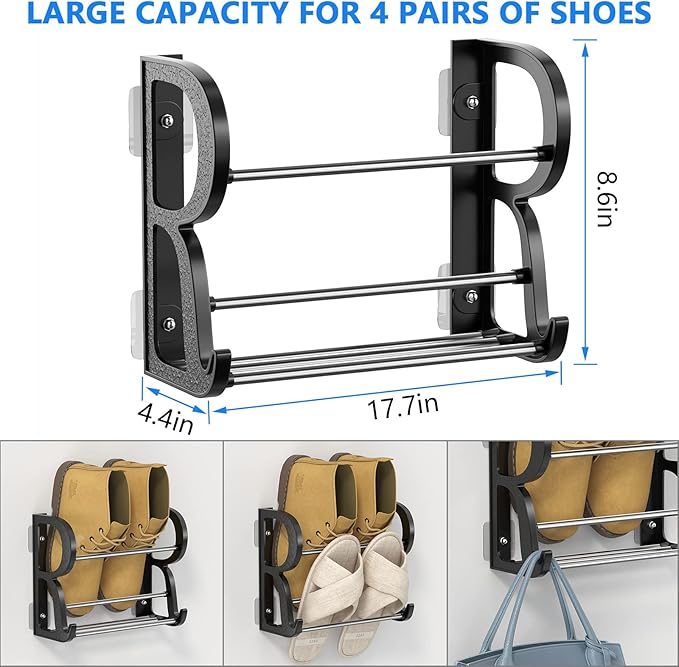 4 Pack Wall Mounted Shoes Rack Wall Shoe Holder Hanging Shoe Organizer Door Hanging Shoe Storage with Sticky Mounts for Camper RV with Hooks No Drilling Black