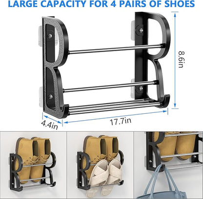 4 Pack Wall Mounted Shoes Rack Wall Shoe Holder Hanging Shoe Organizer Door Hanging Shoe Storage with Sticky Mounts for Camper RV with Hooks No Drilling Black