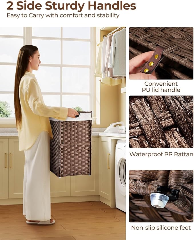 Greenstell Laundry Hamper with lid, No Install Needed, 90L Wicker Laundry Baskets Foldable 2 Removable Liner Bags, 2 Section Clothes Hamper Handwoven Rattan Laundry Basket with Handles, Brown