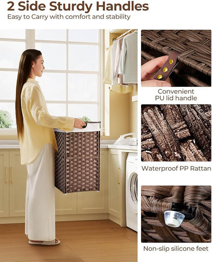 Greenstell Laundry Hamper with lid, No Install Needed, 90L Wicker Laundry Baskets Foldable 2 Removable Liner Bags, 2 Section Clothes Hamper Handwoven Rattan Laundry Basket with Handles, Brown