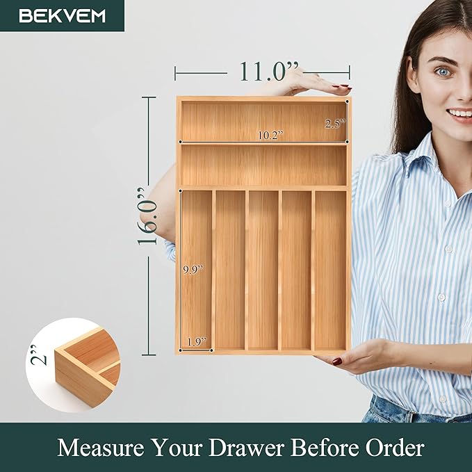 Silverware Organizer, Bamboo Kitchen Drawer Organizer, Utensil Holder, Cutlery Tray & Spoon Flatware Storage with Grooved Drawer Dividers (11''W x 16''D)