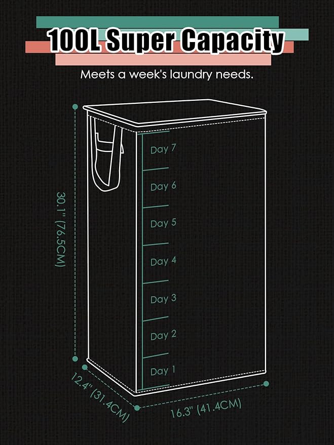 WTREE Laundry Hamper with Lid, Reinforced Sturdy Clothes Hamper with Anti-Puncture Base, Large Collapsible Laundry Basket with Removable Liner Bag, Tall Dirty Clothes Bin for Family, 100L Chocolate