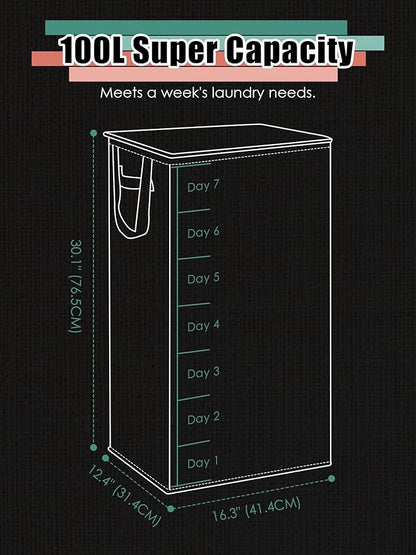 WTREE Laundry Hamper with Lid, Reinforced Sturdy Clothes Hamper with Anti-Puncture Base, Large Collapsible Laundry Basket with Removable Liner Bag, Tall Dirty Clothes Bin for Family, 100L Grey