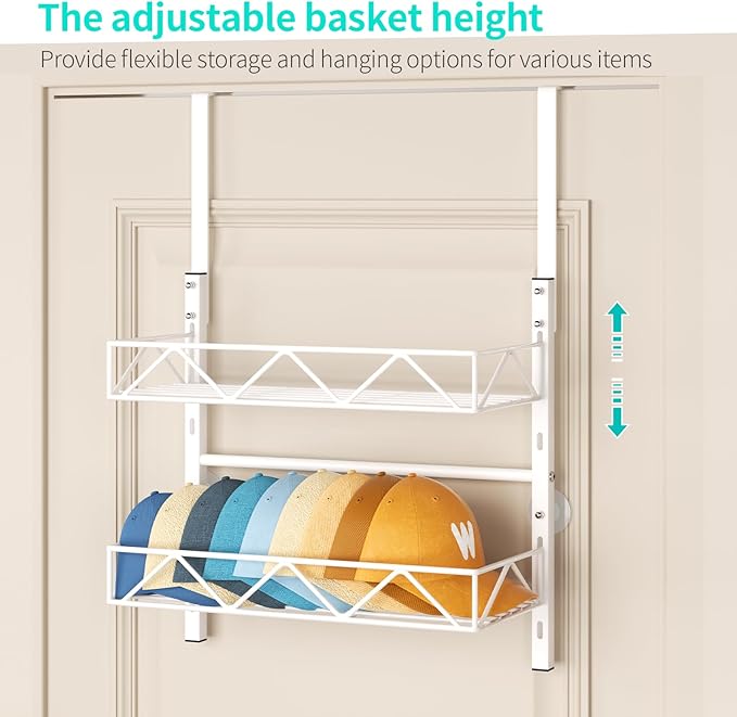 HapiRm Over the Door Hat Organizer - 2 Tier Wall Mounted Hat Rack with 2 Adjustable Metal Basket, Baseball Caps Organizer Storage Holds up to 20 Caps for Door, Bedroom, Closet (White)