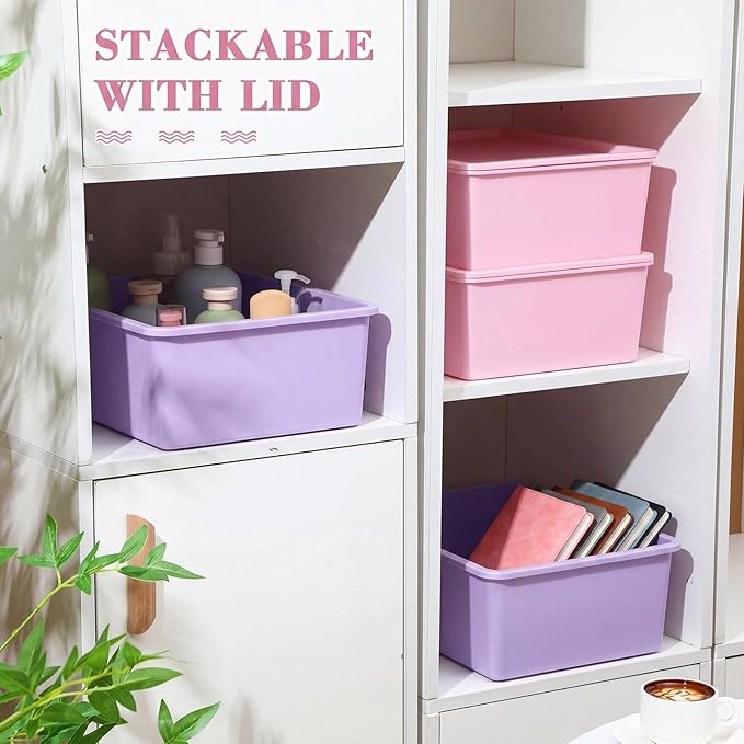 Menkxi 4 Pcs Storage Bins with Lids Plastic Stackable Containers for Organizing Shelves Christmas Ornament Box Baskets(Pink, Purple,Large)