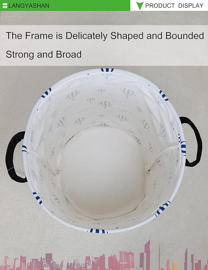 Laundry Basket Canvas Fabric Collapsible Organizer Basket for Storage Bin Toy Bins Gift Baskets Bedroom Clothes Children Nursery Hamper (Round Blue Balloon)