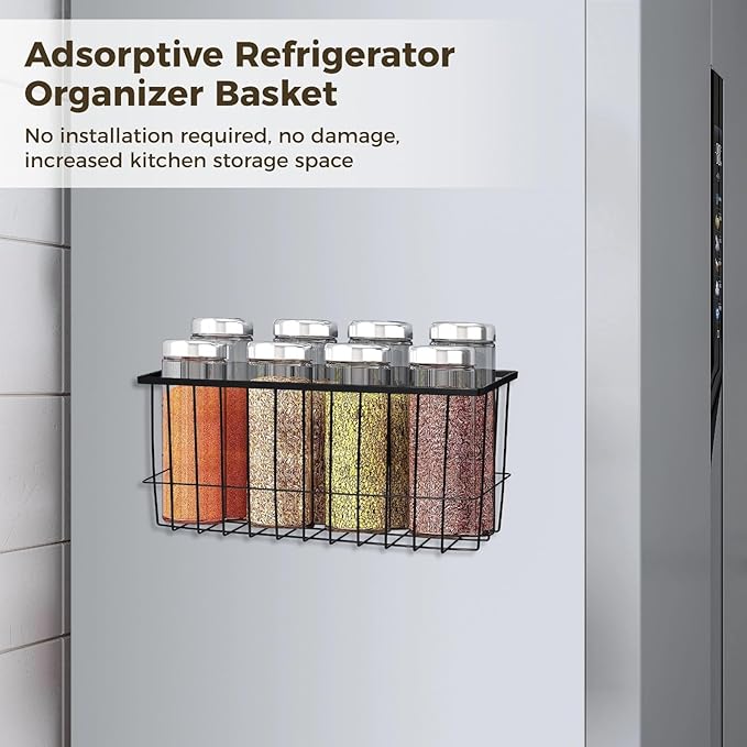 Adsorptive Refrigerator Organizer Basket, No Installation Fridge Organizer, Fridge Side Rack for Microwave Oven Cabinet Pantry, Kitchen Spice Storage Holder, No Drilling Metal Basket
