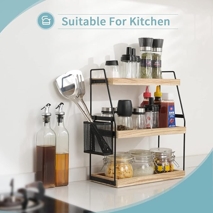 Bathroom Organizer Countertop, 3-Tier Standing Counter Shelf with Basket, Wood Tray for Kitchen Vanity Organizer
