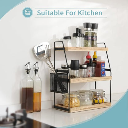 Bathroom Organizer Countertop, 3-Tier Standing Counter Shelf with Basket, Wood Tray for Kitchen Vanity Organizer