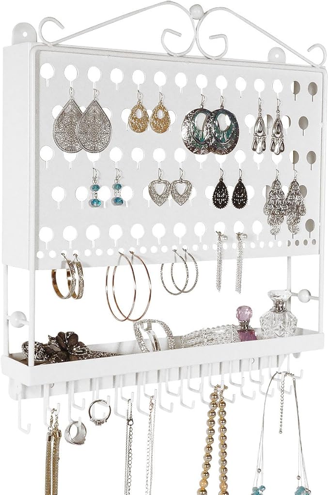 JR20-WH White Wall Mounted Organizer Necklace Holder Earring & Jewelry Display Rack with Tray