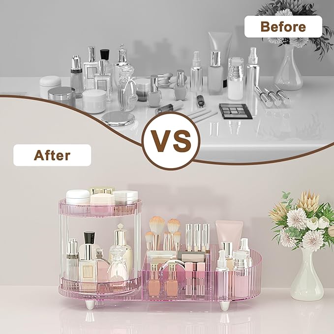 360 Rotating Vanity Makeup Organizer, 2 Small Trays & 5 Compartments for Cosmetics, Skincare, Perfume, Lipstick & Make up Brushes Holder, Dresser Countertop Organizers and Storage for Bathroom, Desk