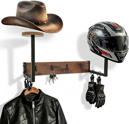 Cowboy Hat Rack For Wall, Rustic Helmet Holder with 2 Wooden Hat Stands, 4 Metal Hooks and 4 Clips for Jacket Organization, Western Home Decor Shelf for Closet, Horse Trailer, Entryway, Bedroom