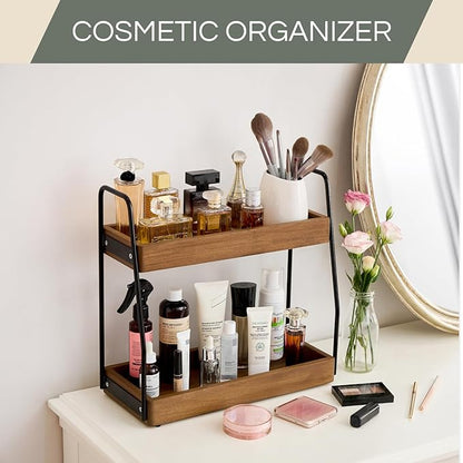 THYOI Acacia Wood 2-Tier Wooden Organizer Countertop 15.4” x 6.7” x 14.6”, Two-Tier Bathroom Organizer, Storage Organizer, Wooden Organizer, Countertop Storage Shelf (Walnut with Black Steel)