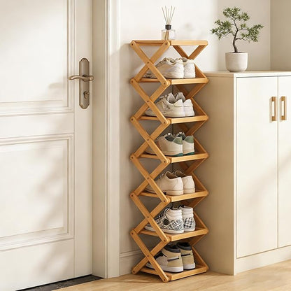 YYW Shoe Rack, Foldable Bamboo Shoes Shelf, Freestanding Shoe Storage Organiser for Entryway, Bedroom, Closet, Hallway - Functional, Natural Shoe Rack (Original, 7 Layers)
