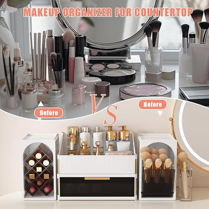 Large Makeup Organizer for Vanity with Brush Holder and Lipstick Display Stand, Countertop Cosmetic Storage with Drawer for Skincare, Nail Polish, Perfume and Eyeshadow Palettes