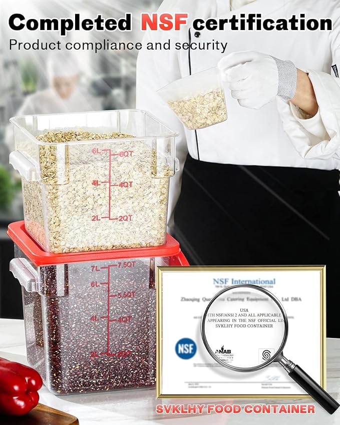 2QT4QT NSF Food Storage Containers: 6PCS [Food Grade][Hot&Cold Resistant] Commercial Clear Food Storage Containers with Lids for Restaurant Kitchen Proof Dough, Measuring Spoons Included(Red N)