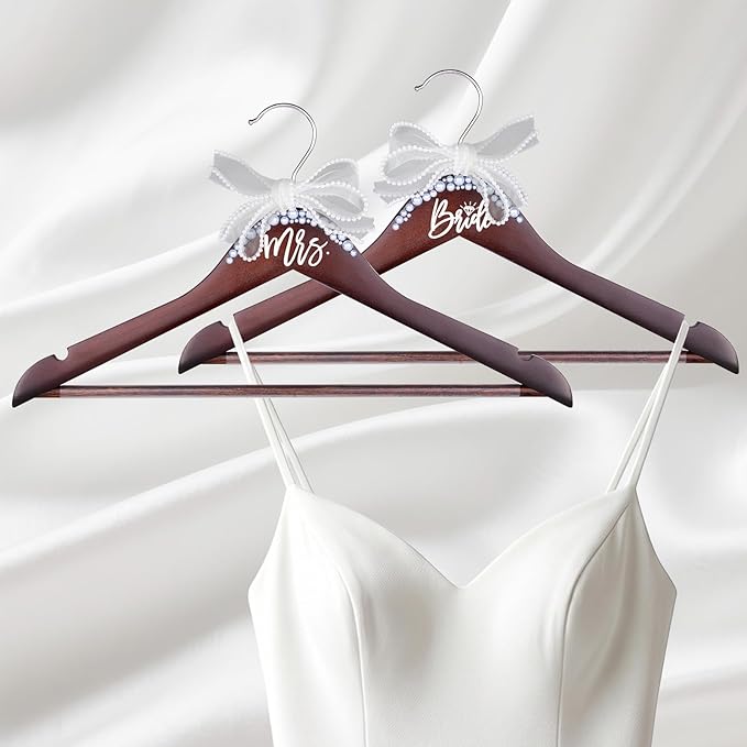 Bride Hanger for Wedding Dress Wooden Pearl Hangers with Pearl Ribbon Bow Elegant Bridal Mrs Wedding Dress Hanger, 2PCS Personalized Wedding Hangers (Walnut)