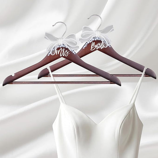 Bride Hanger for Wedding Dress Wooden Pearl Hangers with Pearl Ribbon Bow Elegant Bridal Mrs Wedding Dress Hanger, 2PCS Personalized Wedding Hangers (Walnut)