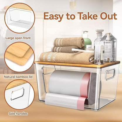 spospo 4 Pack Trash Bag Holder with Bamboo Lid, Stackable Trashbag Dispenser, Extra Large Garbage Bag Holder for Kitchen Laundry Room Under Sink Organization and Storage